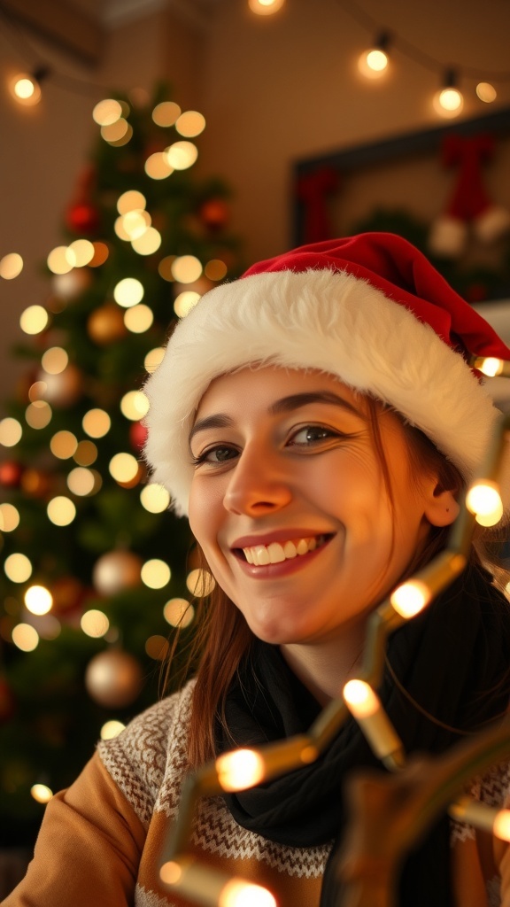 A festive profile picture with a person in a Santa hat and Christmas lights in the background.